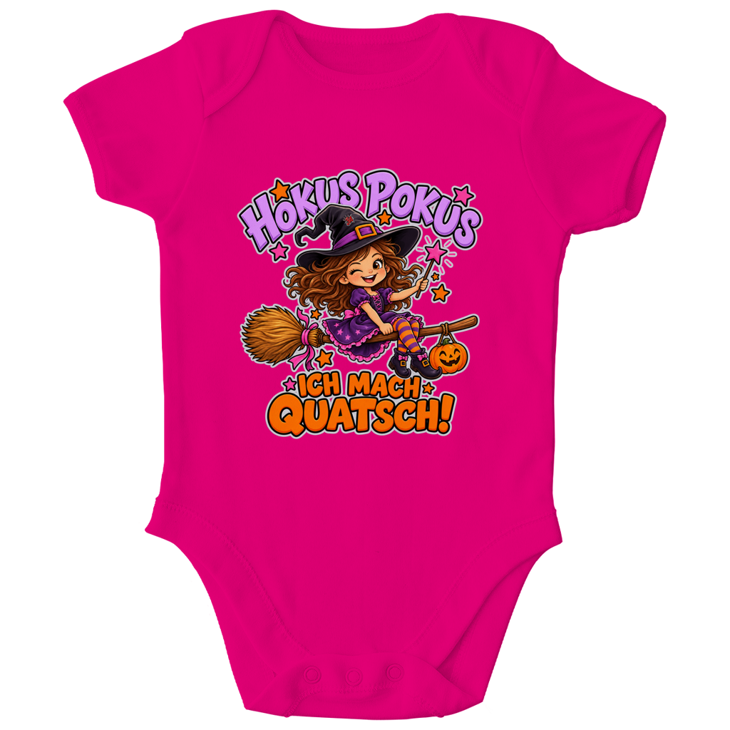 JA Quatschhexe – Baby-Body in Fuchsia, Vorderansicht, Frontdruck: Kleine Hexe auf dem Besen: „Hokus Pokus – ich mach Quatsch!“