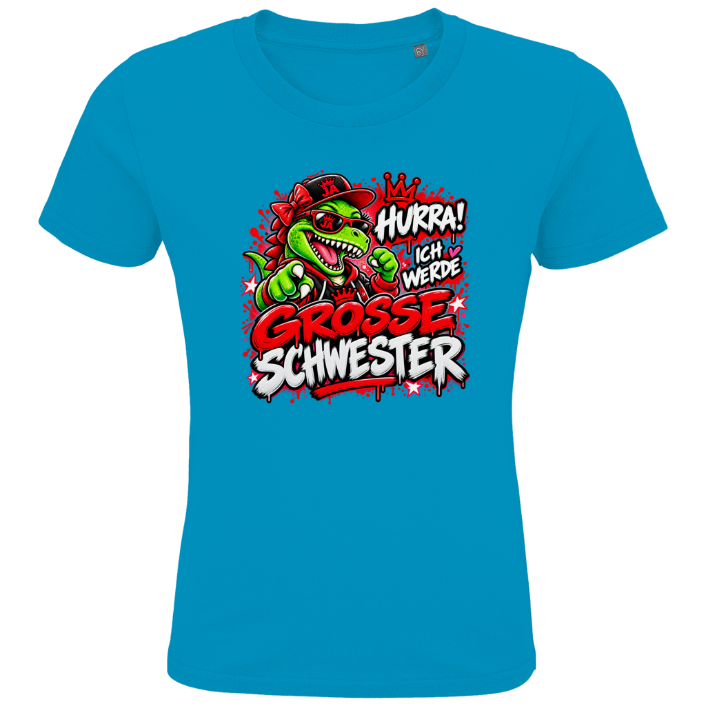 JA Große Schwester Dino – Kinder-T-Shirt in Aqua, Vorderansicht, Frontdruck: Dino-Motiv „Hurra! Ich werde große Schwester“ – Geschenk zur Geschwister-Ankündigung