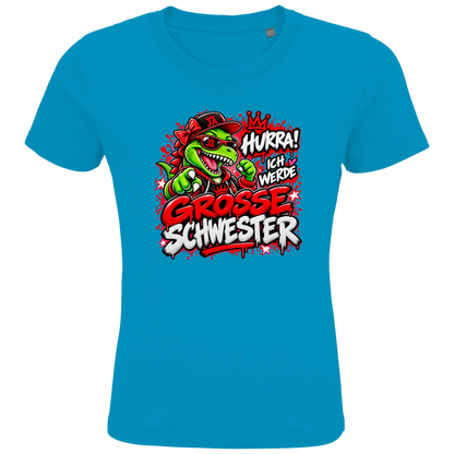JA Große Schwester Dino – Kinder-T-Shirt in Aqua, Vorderansicht, Frontdruck: Dino-Motiv „Hurra! Ich werde große Schwester“ – Geschenk zur Geschwister-Ankündigung