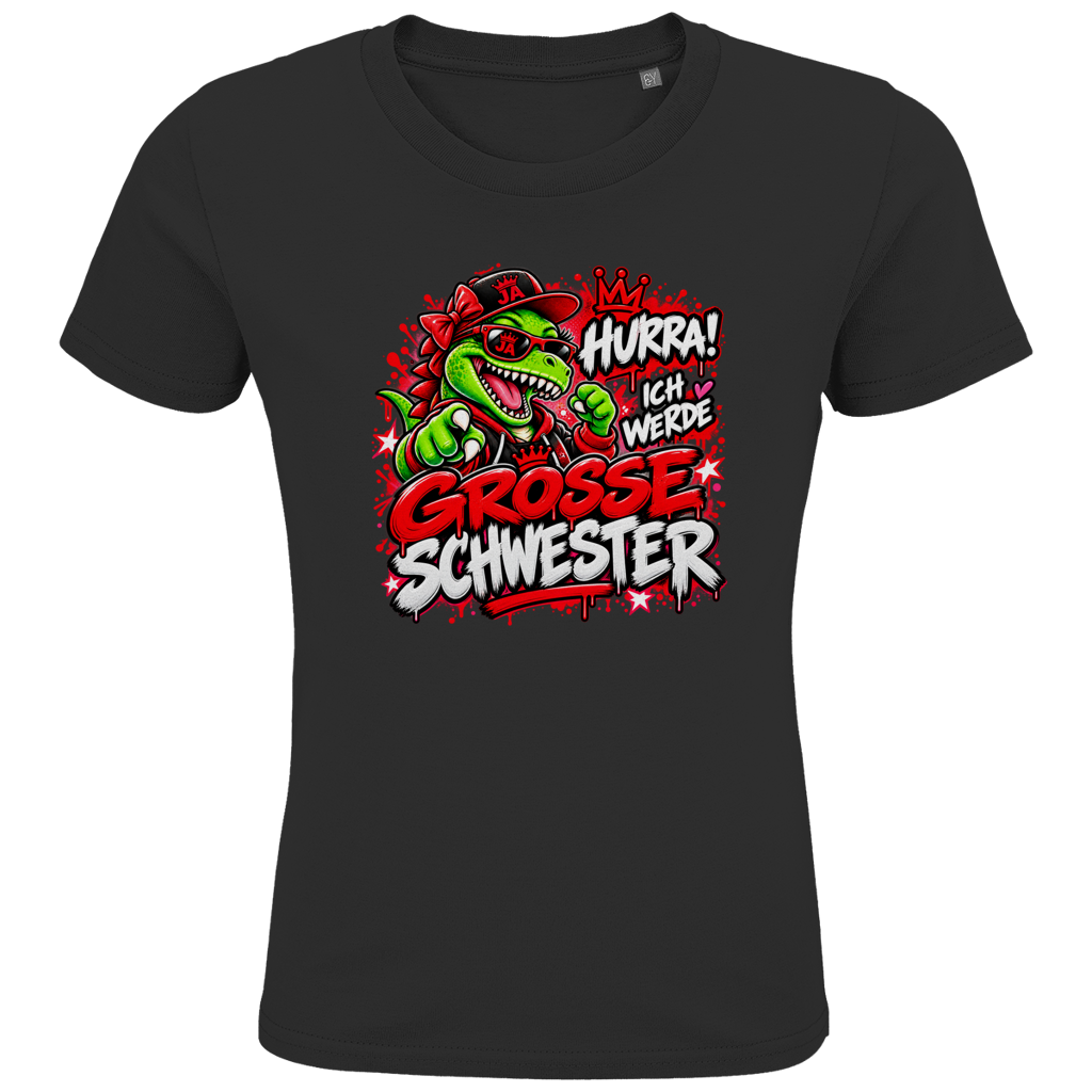 JA Große Schwester Dino – Kinder-T-Shirt in Schwarz, Vorderansicht, Frontdruck: Dino-Motiv „Hurra! Ich werde große Schwester“ – Geschenk zur Geschwister-Ankündigung