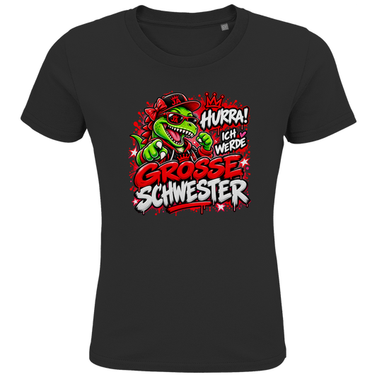 JA Große Schwester Dino – Kinder-T-Shirt in Schwarz, Vorderansicht, Frontdruck: Dino-Motiv „Hurra! Ich werde große Schwester“ – Geschenk zur Geschwister-Ankündigung