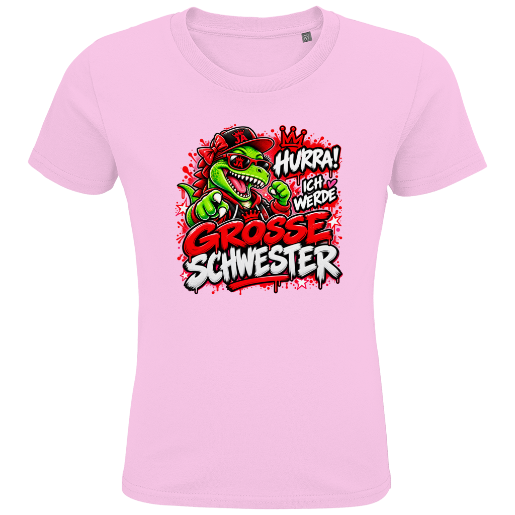 JA Große Schwester Dino – Kinder-T-Shirt in Zartrosa, Vorderansicht, Frontdruck: Dino-Motiv „Hurra! Ich werde große Schwester“ – Geschenk zur Geschwister-Ankündigung