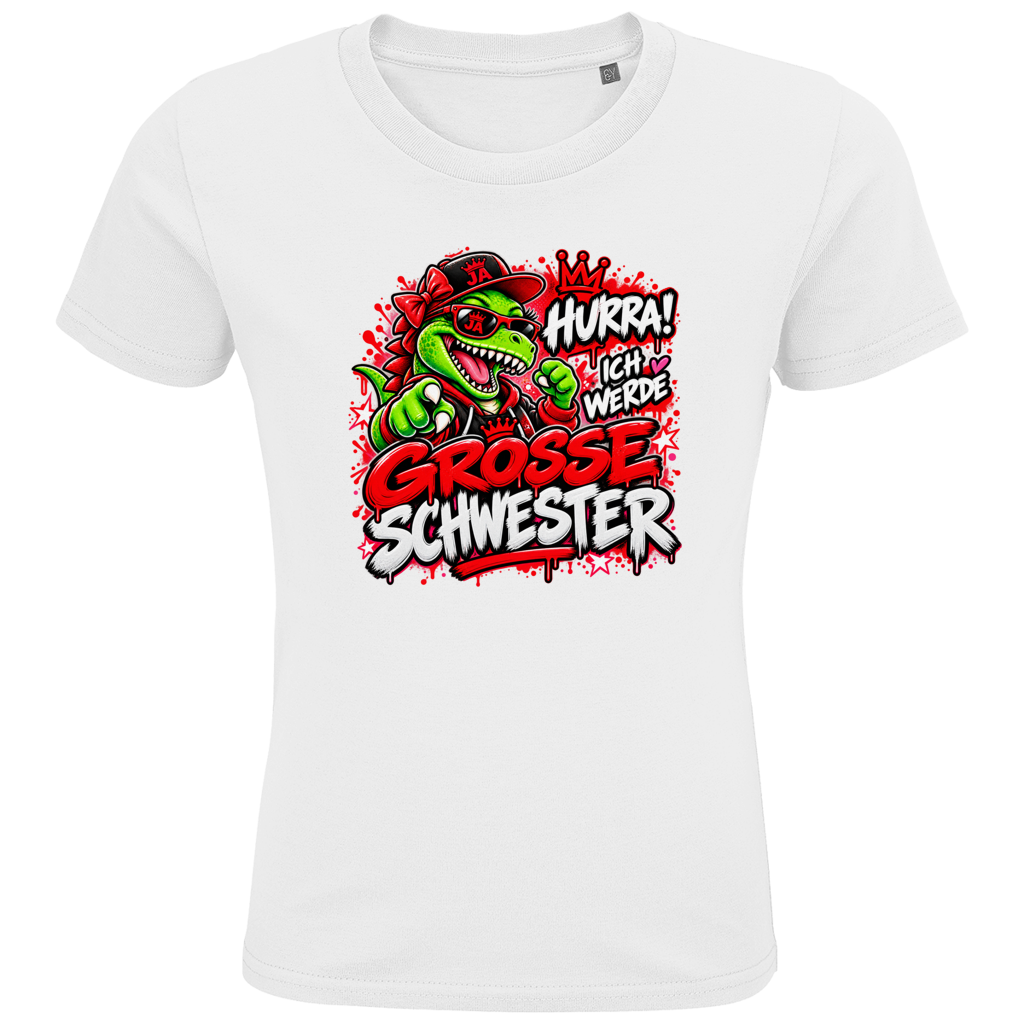 JA Große Schwester Dino – Kinder-T-Shirt in Weiß, Vorderansicht, Frontdruck: Dino-Motiv „Hurra! Ich werde große Schwester“ – Geschenk zur Geschwister-Ankündigung