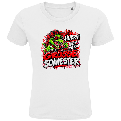 JA Große Schwester Dino – Kinder-T-Shirt in Weiß, Vorderansicht, Frontdruck: Dino-Motiv „Hurra! Ich werde große Schwester“ – Geschenk zur Geschwister-Ankündigung