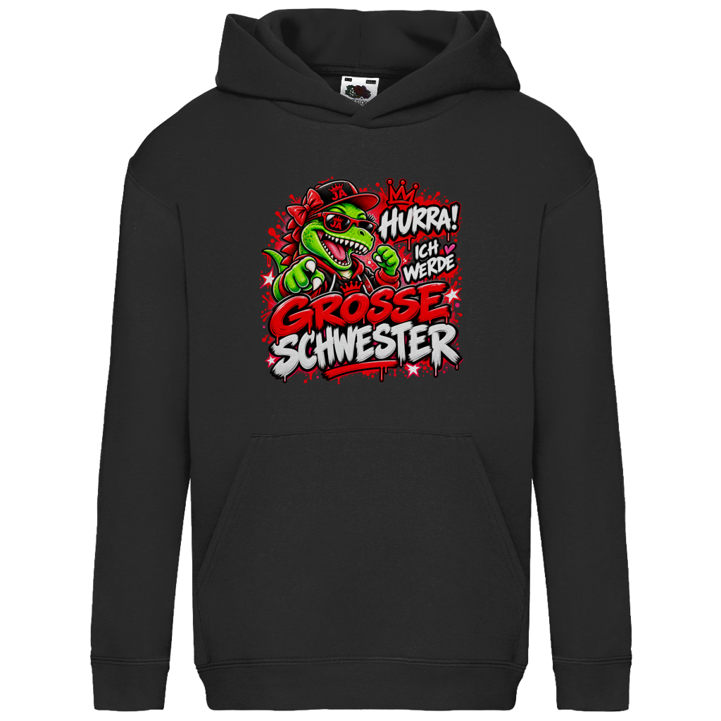 JA Große Schwester Dino – Kinder-Hoodie in Schwarz, Vorderansicht, Frontdruck: Dino-Motiv „Hurra! Ich werde große Schwester“ – Geschenk zur Geschwister-Ankündigung