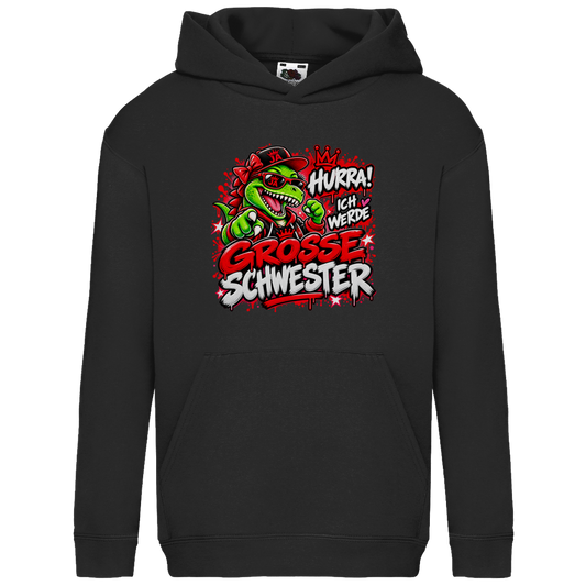JA Große Schwester Dino – Kinder-Hoodie in Schwarz, Vorderansicht, Frontdruck: Dino-Motiv „Hurra! Ich werde große Schwester“ – Geschenk zur Geschwister-Ankündigung