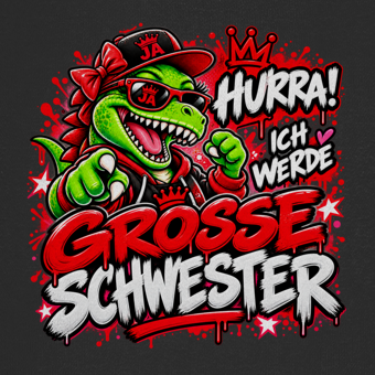 JA Große Schwester Dino – Kinder-Hoodie, Nahaufnahme vom Motiv