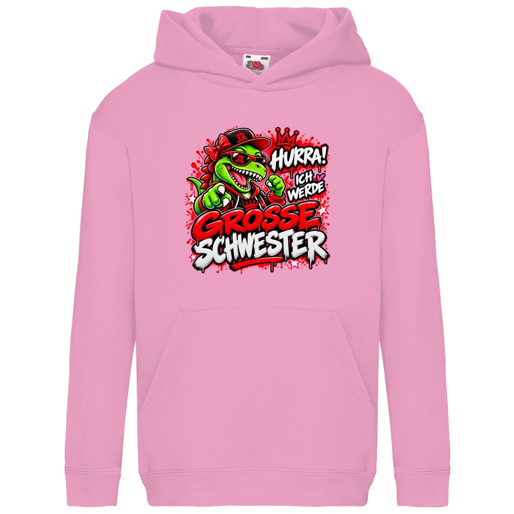JA Große Schwester Dino – Kinder-Hoodie in Hellrosa, Vorderansicht, Frontdruck: Dino-Motiv „Hurra! Ich werde große Schwester“ – Geschenk zur Geschwister-Ankündigung