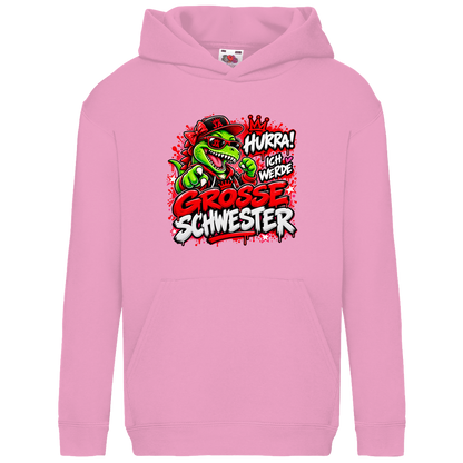 JA Große Schwester Dino – Kinder-Hoodie in Hellrosa, Vorderansicht, Frontdruck: Dino-Motiv „Hurra! Ich werde große Schwester“ – Geschenk zur Geschwister-Ankündigung