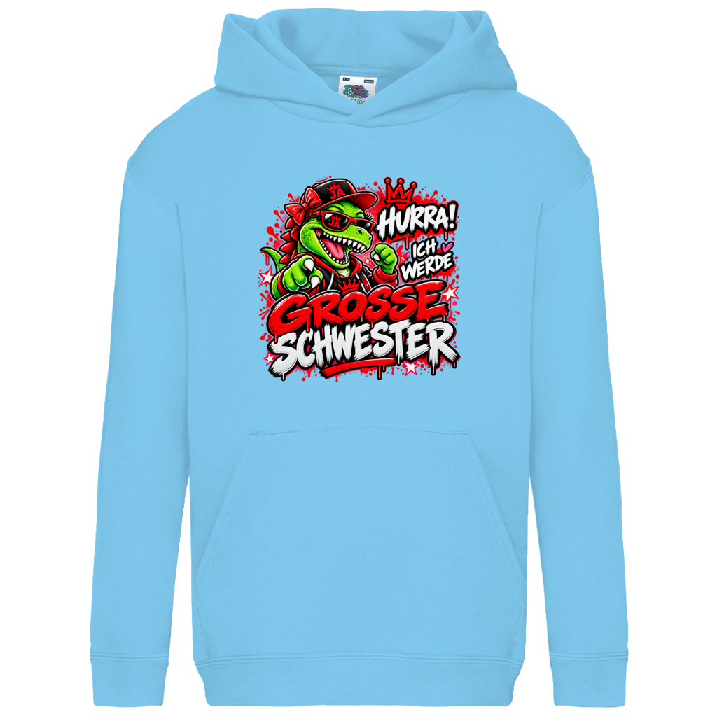 JA Große Schwester Dino – Kinder-Hoodie in Himmelblau, Vorderansicht, Frontdruck: Dino-Motiv „Hurra! Ich werde große Schwester“ – Geschenk zur Geschwister-Ankündigung