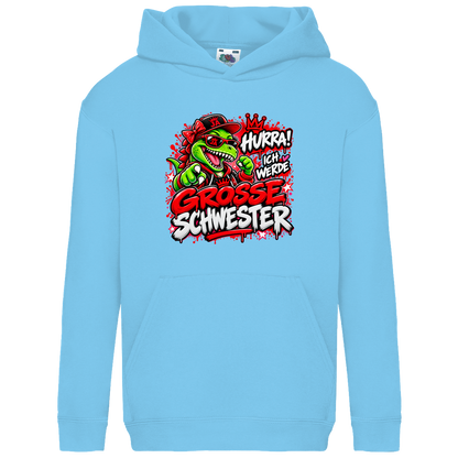 JA Große Schwester Dino – Kinder-Hoodie in Himmelblau, Vorderansicht, Frontdruck: Dino-Motiv „Hurra! Ich werde große Schwester“ – Geschenk zur Geschwister-Ankündigung