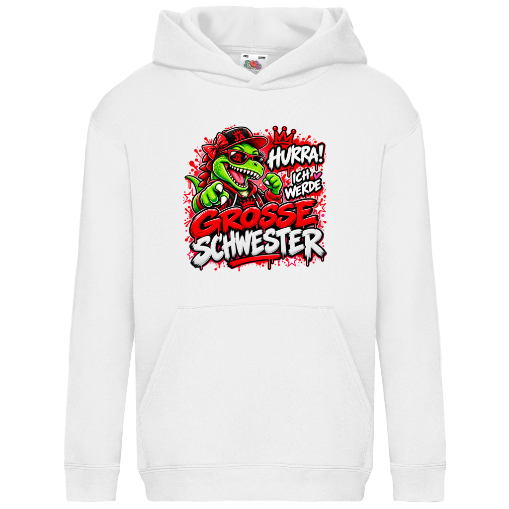 JA Große Schwester Dino – Kinder-Hoodie in Weiß, Vorderansicht, Frontdruck: Dino-Motiv „Hurra! Ich werde große Schwester“ – Geschenk zur Geschwister-Ankündigung