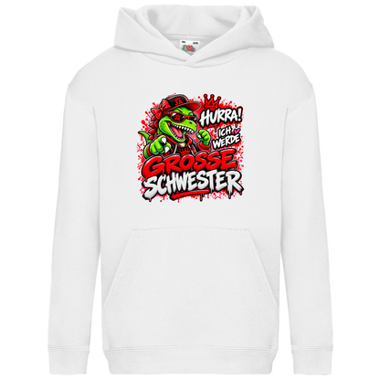 JA Große Schwester Dino – Kinder-Hoodie in Weiß, Vorderansicht, Frontdruck: Dino-Motiv „Hurra! Ich werde große Schwester“ – Geschenk zur Geschwister-Ankündigung