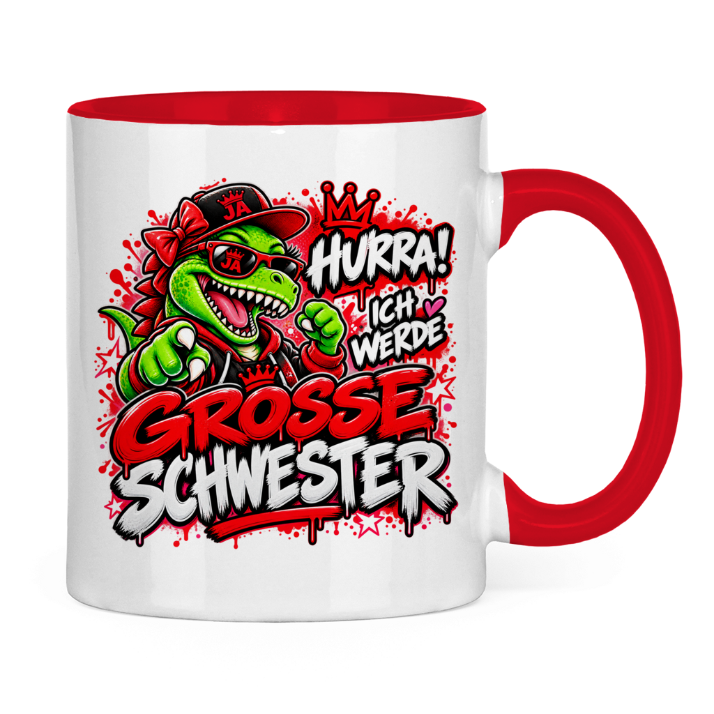 JA Große Schwester Dino – Tasse in Rot, Rückansicht, ebenfalls bedruckt
