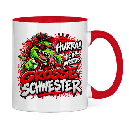 JA Große Schwester Dino – Tasse in Rot, Rückansicht, ebenfalls bedruckt