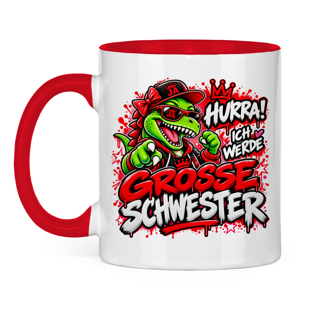 JA Große Schwester Dino – Tasse in Rot, Vorderansicht, Aufdruck: Dino-Motiv „Hurra! Ich werde große Schwester“ – Geschenk zur Geschwister-Ankündigung