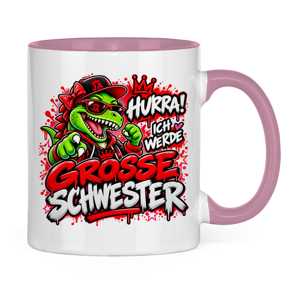 JA Große Schwester Dino – Tasse in Pink, Rückansicht, ebenfalls bedruckt