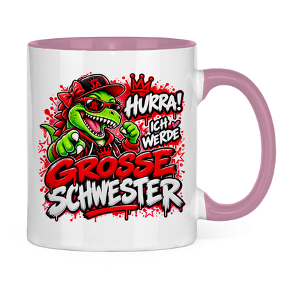 JA Große Schwester Dino – Tasse in Pink, Rückansicht, ebenfalls bedruckt