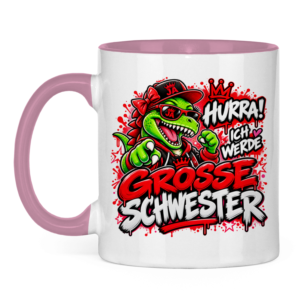 JA Große Schwester Dino – Tasse in Pink, Vorderansicht, Aufdruck: Dino-Motiv „Hurra! Ich werde große Schwester“ – Geschenk zur Geschwister-Ankündigung