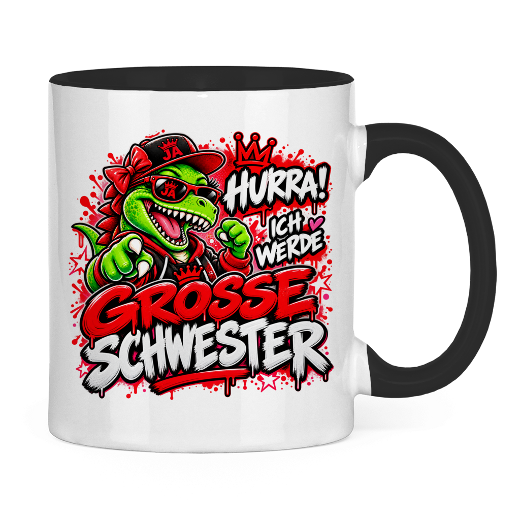 JA Große Schwester Dino – Tasse in Schwarz, Rückansicht, ebenfalls bedruckt