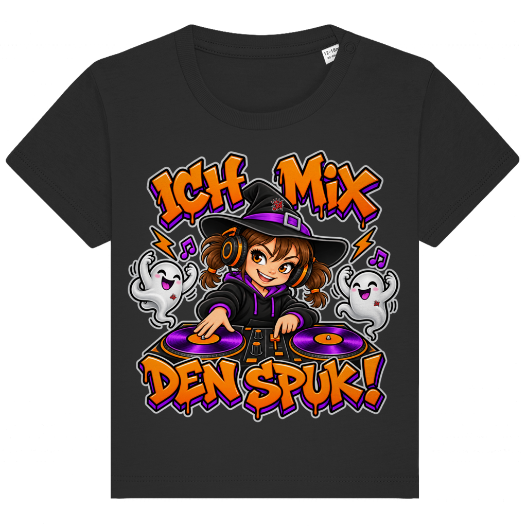 JA Spukmix – Baby-T-Shirt in Schwarz, Vorderansicht, Frontdruck: DJ-Hexe mit tanzenden Geistern: „Ich mix den Spuk!“ in Orange und Lila