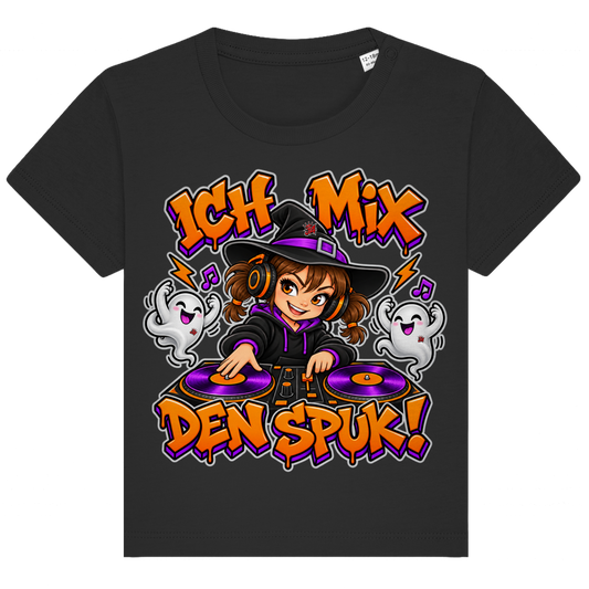 JA Spukmix – Baby-T-Shirt in Schwarz, Vorderansicht, Frontdruck: DJ-Hexe mit tanzenden Geistern: „Ich mix den Spuk!“ in Orange und Lila