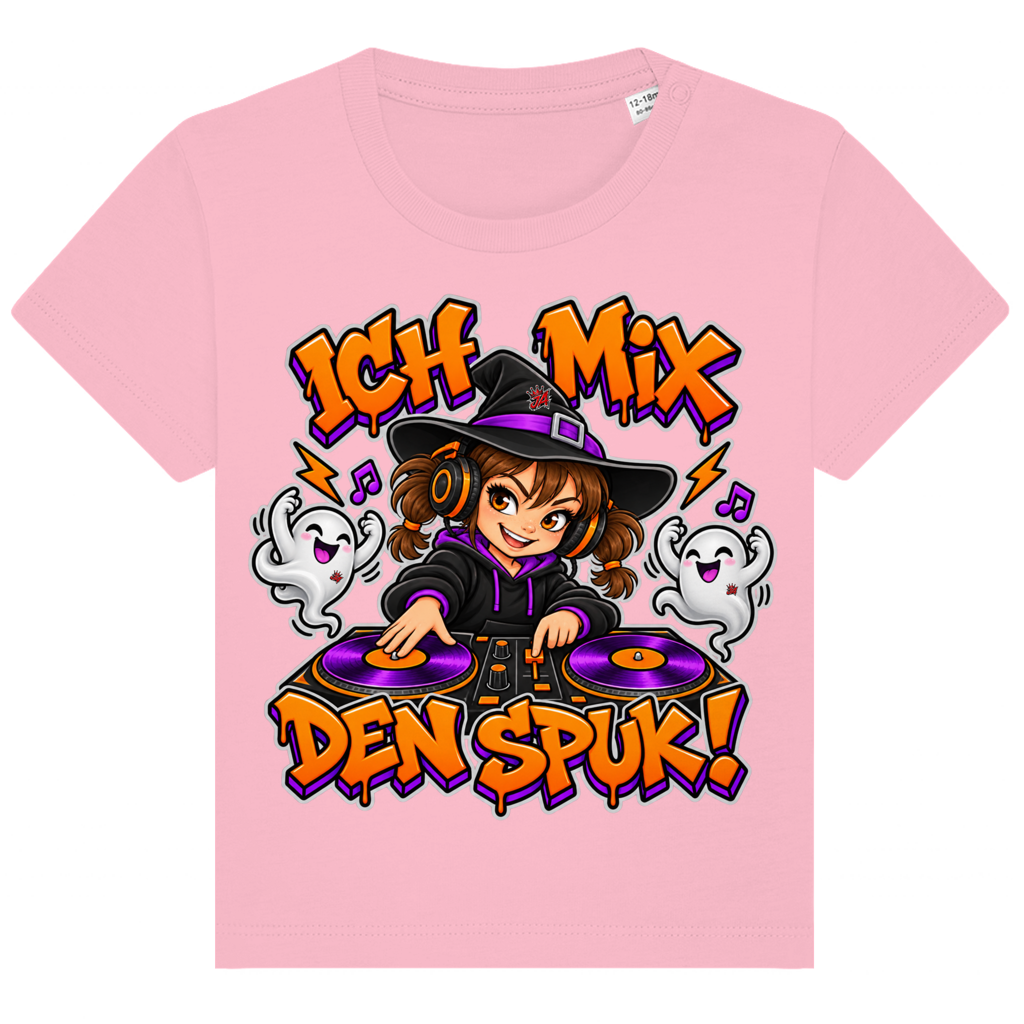 JA Spukmix – Baby-T-Shirt in Rosa, Vorderansicht, Frontdruck: DJ-Hexe mit tanzenden Geistern: „Ich mix den Spuk!“ in Orange und Lila