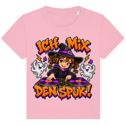JA Spukmix – Baby-T-Shirt in Rosa, Vorderansicht, Frontdruck: DJ-Hexe mit tanzenden Geistern: „Ich mix den Spuk!“ in Orange und Lila