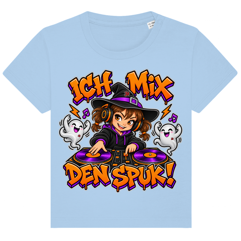JA Spukmix – Baby-T-Shirt in Blau, Vorderansicht, Frontdruck: DJ-Hexe mit tanzenden Geistern: „Ich mix den Spuk!“ in Orange und Lila