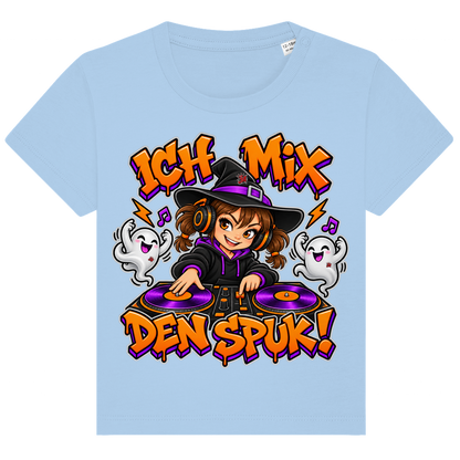 JA Spukmix – Baby-T-Shirt in Blau, Vorderansicht, Frontdruck: DJ-Hexe mit tanzenden Geistern: „Ich mix den Spuk!“ in Orange und Lila