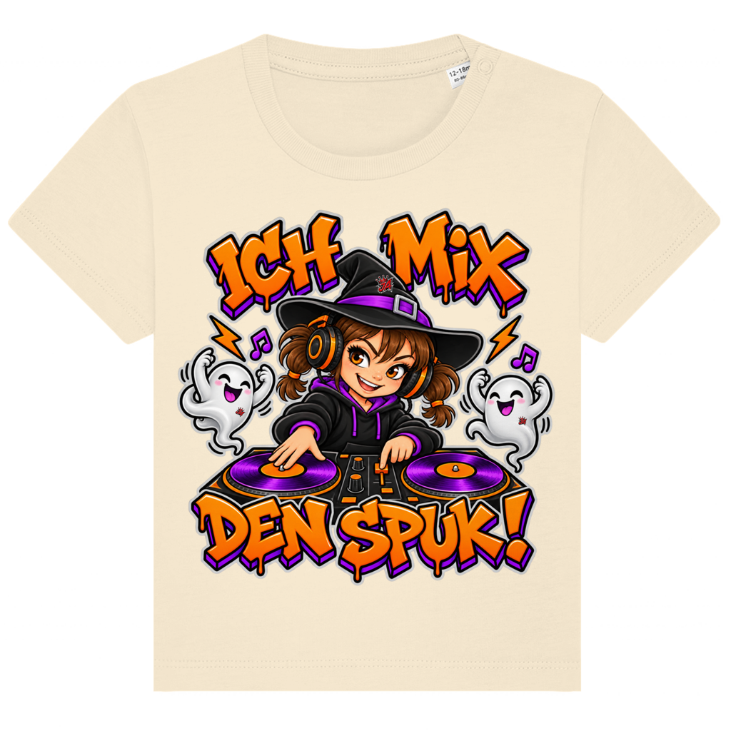 JA Spukmix – Baby-T-Shirt in Natur, Vorderansicht, Frontdruck: DJ-Hexe mit tanzenden Geistern: „Ich mix den Spuk!“ in Orange und Lila