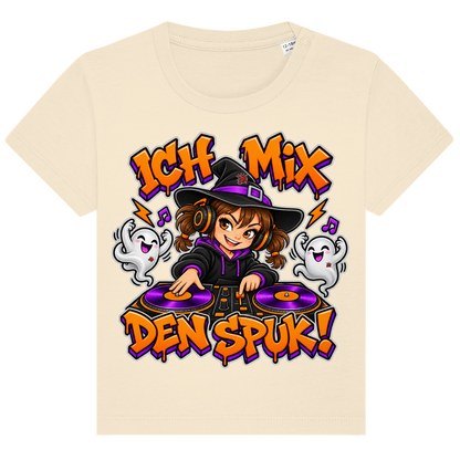 JA Spukmix – Baby-T-Shirt in Natur, Vorderansicht, Frontdruck: DJ-Hexe mit tanzenden Geistern: „Ich mix den Spuk!“ in Orange und Lila