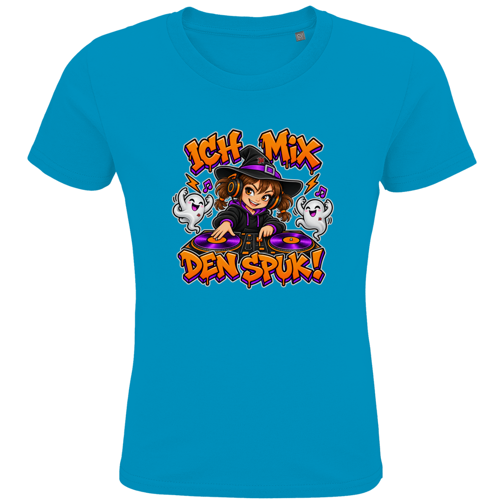 JA Spukmix – Kinder-T-Shirt in Aqua, Vorderansicht, Frontdruck: DJ-Hexe mit tanzenden Geistern: „Ich mix den Spuk!“ in Orange und Lila