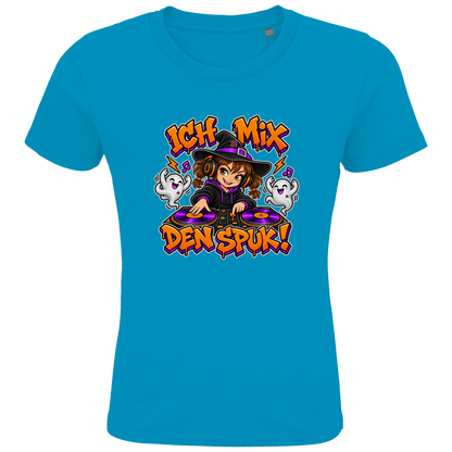 JA Spukmix – Kinder-T-Shirt in Aqua, Vorderansicht, Frontdruck: DJ-Hexe mit tanzenden Geistern: „Ich mix den Spuk!“ in Orange und Lila