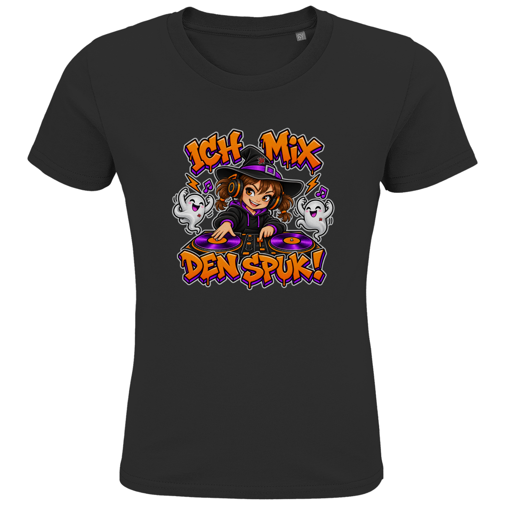 JA Spukmix – Kinder-T-Shirt in Schwarz, Vorderansicht, Frontdruck: DJ-Hexe mit tanzenden Geistern: „Ich mix den Spuk!“ in Orange und Lila