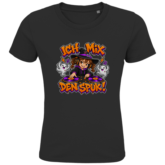 JA Spukmix – Kinder-T-Shirt in Schwarz, Vorderansicht, Frontdruck: DJ-Hexe mit tanzenden Geistern: „Ich mix den Spuk!“ in Orange und Lila