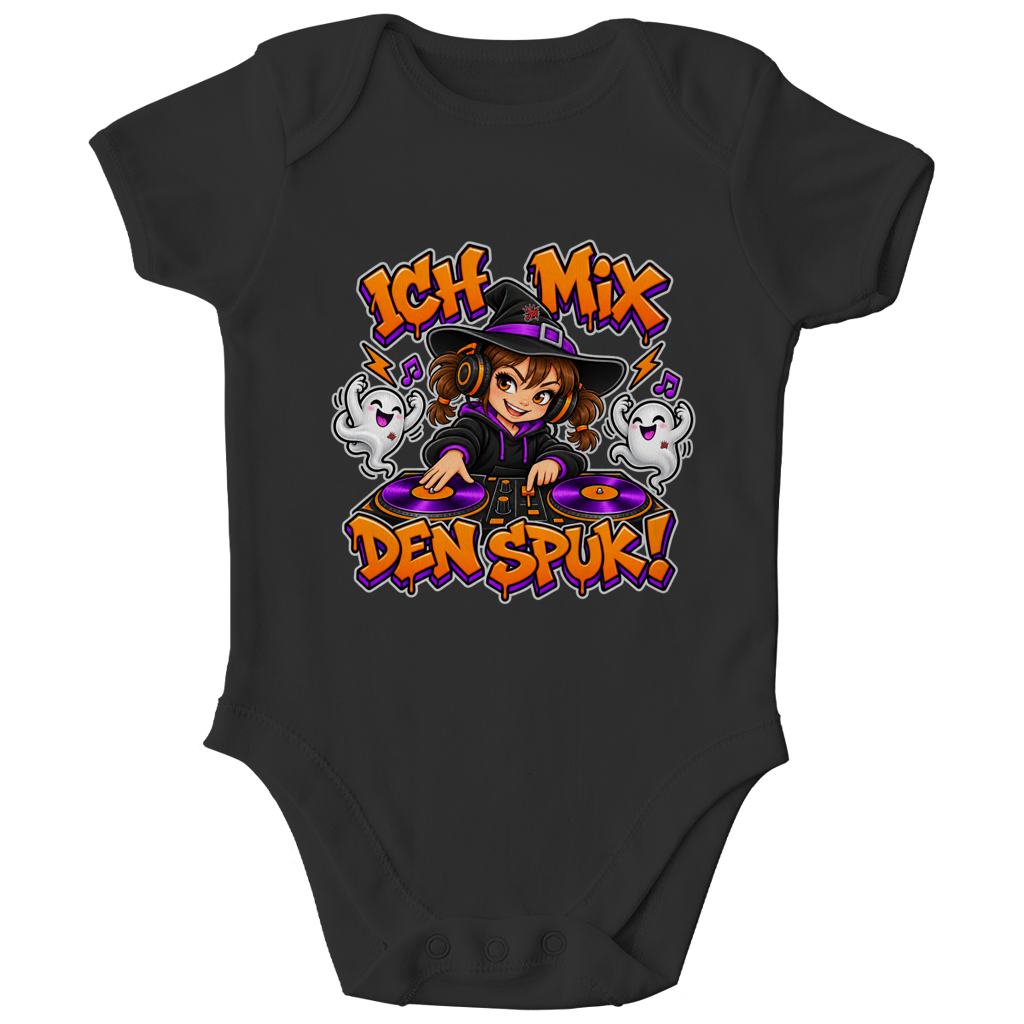 JA Spukmix – Baby-Body in Schwarz, Vorderansicht, Frontdruck: DJ-Hexe mit tanzenden Geistern: „Ich mix den Spuk!“ in Orange und Lila