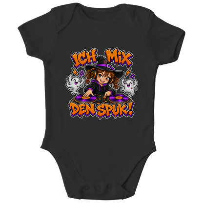 JA Spukmix – Baby-Body in Schwarz, Vorderansicht, Frontdruck: DJ-Hexe mit tanzenden Geistern: „Ich mix den Spuk!“ in Orange und Lila