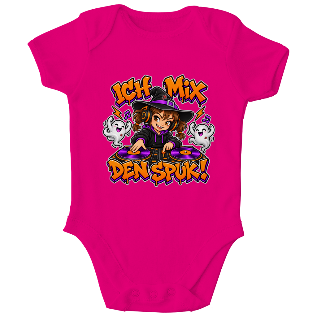 JA Spukmix – Baby-Body in Fuchsia, Vorderansicht, Frontdruck: DJ-Hexe mit tanzenden Geistern: „Ich mix den Spuk!“ in Orange und Lila