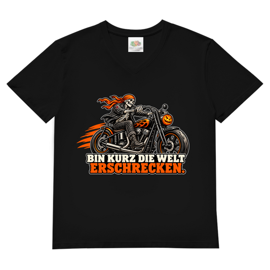JA Spukbiker – Herren-V-Neck-Shirt in Schwarz, Vorderansicht, Frontdruck: Skelett auf dem Motorrad mit Spruch „Bin kurz die Welt erschrecken“