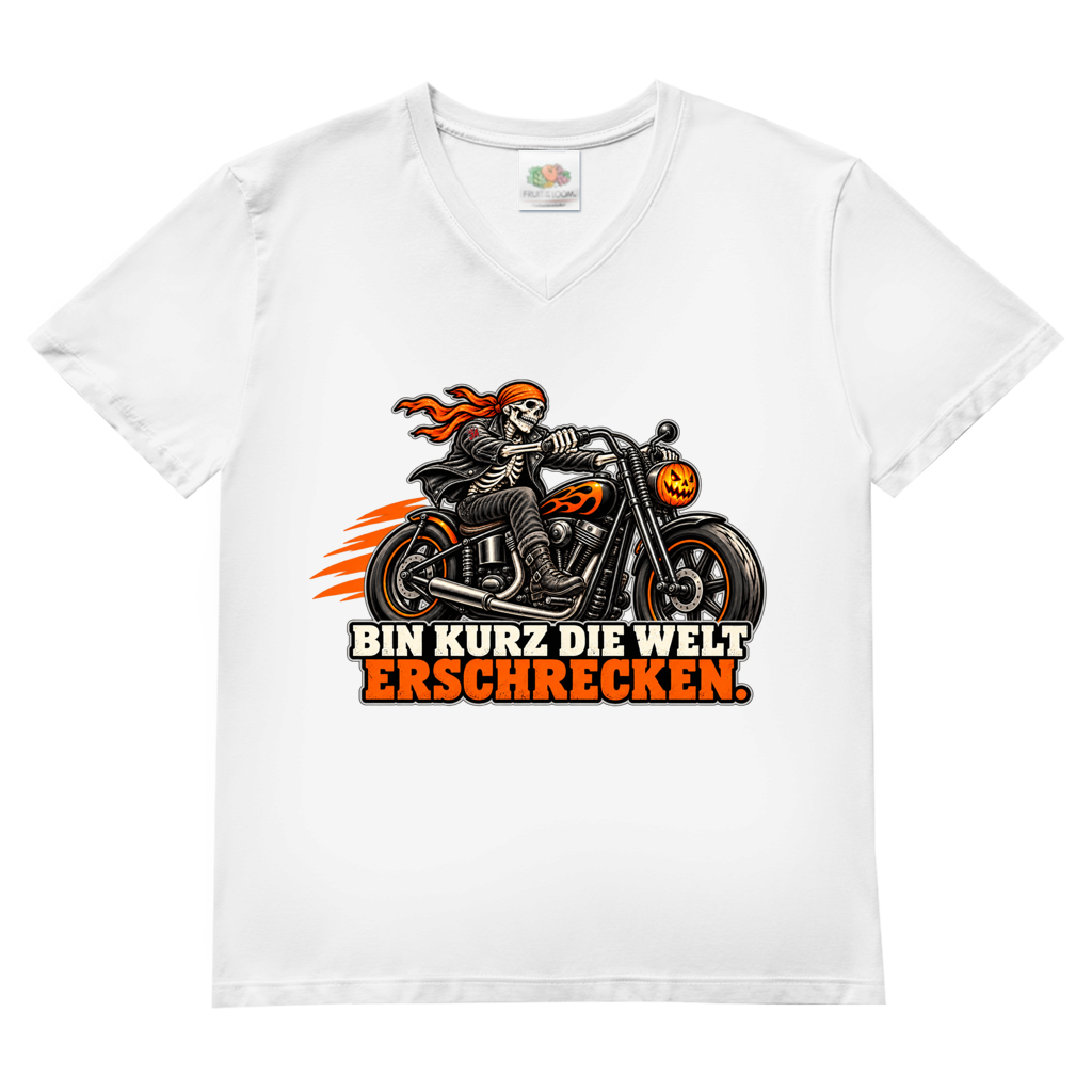 JA Spukbiker – Herren-V-Neck-Shirt in Weiß, Vorderansicht, Frontdruck: Skelett auf dem Motorrad mit Spruch „Bin kurz die Welt erschrecken“