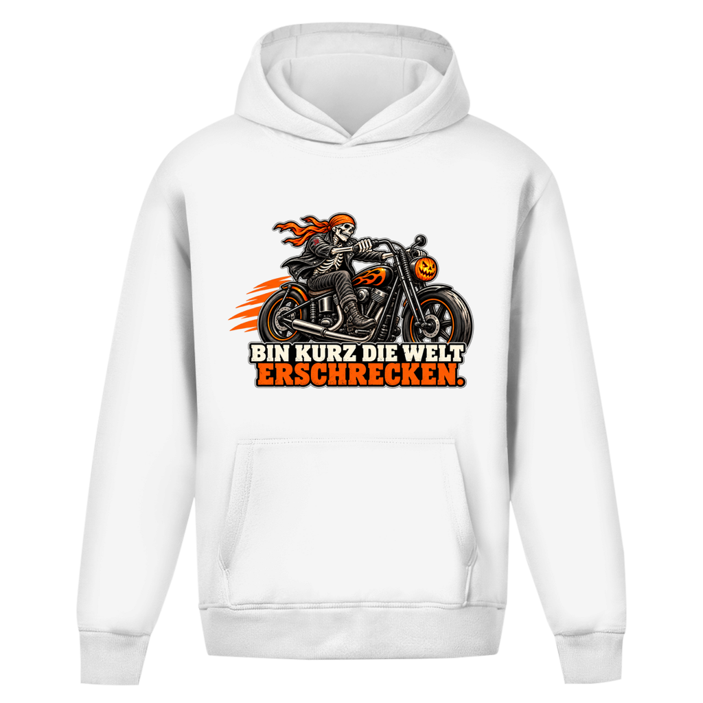 JA Spukbiker – Oversize-Hoodie in Weiß, Vorderansicht, Frontdruck: Skelett auf dem Motorrad mit Spruch „Bin kurz die Welt erschrecken“