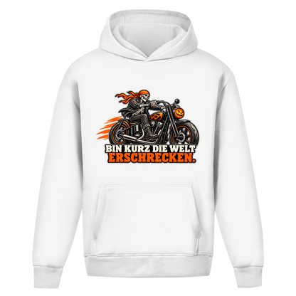 JA Spukbiker – Oversize-Hoodie in Weiß, Vorderansicht, Frontdruck: Skelett auf dem Motorrad mit Spruch „Bin kurz die Welt erschrecken“