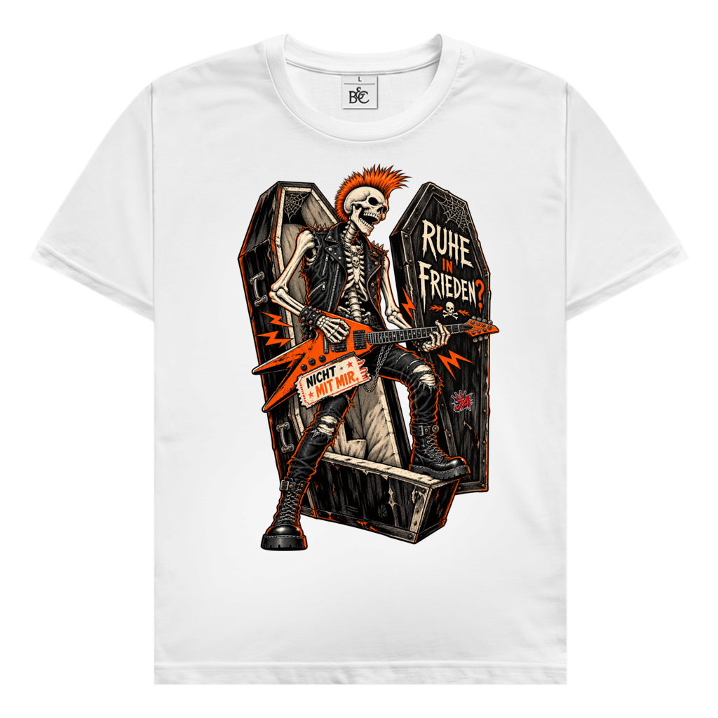 JA Totenrocker – Herren-T-Shirt in Weiß, Vorderansicht, Frontdruck: Punk-Skelett mit E-Gitarre am Sarg: „Ruhe in Frieden? Nicht mit mir.“