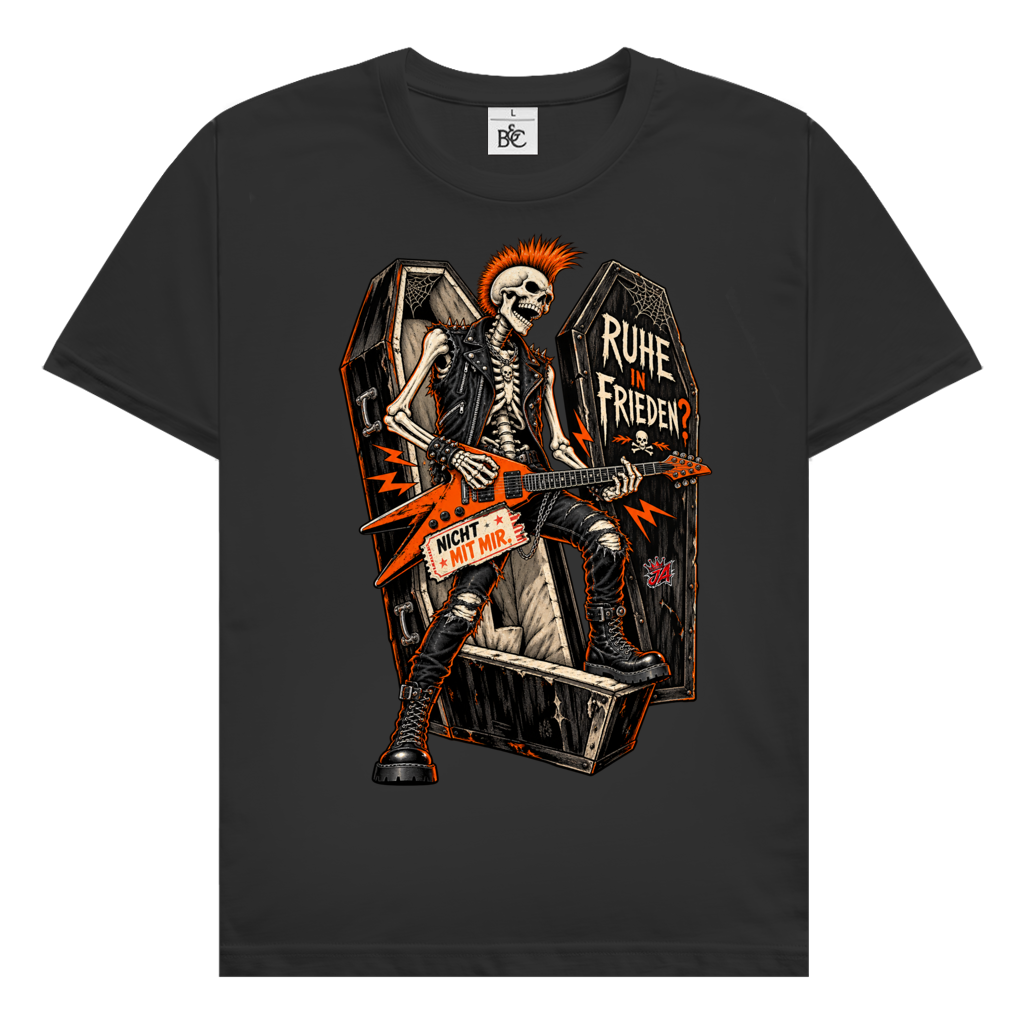JA Totenrocker – Herren-T-Shirt in Schwarz, Vorderansicht, Frontdruck: Punk-Skelett mit E-Gitarre am Sarg: „Ruhe in Frieden? Nicht mit mir.“