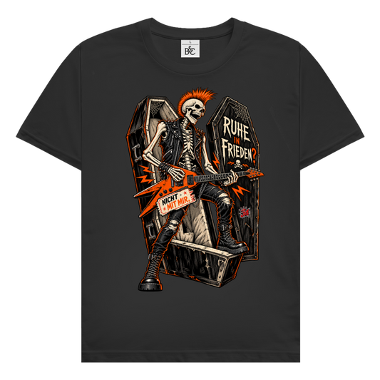 JA Totenrocker – Herren-T-Shirt in Schwarz, Vorderansicht, Frontdruck: Punk-Skelett mit E-Gitarre am Sarg: „Ruhe in Frieden? Nicht mit mir.“