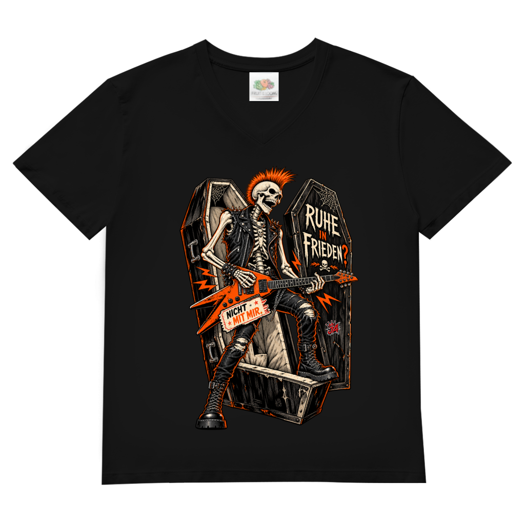 JA Totenrocker – Herren-V-Neck-Shirt in Schwarz, Vorderansicht, Frontdruck: Punk-Skelett mit E-Gitarre am Sarg: „Ruhe in Frieden? Nicht mit mir.“