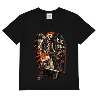 JA Totenrocker – Herren-V-Neck-Shirt in Schwarz, Vorderansicht, Frontdruck: Punk-Skelett mit E-Gitarre am Sarg: „Ruhe in Frieden? Nicht mit mir.“