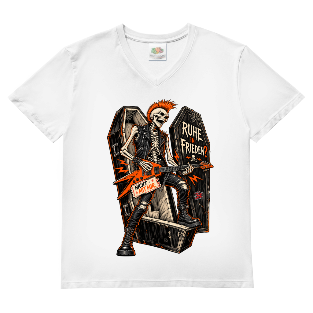 JA Totenrocker – Herren-V-Neck-Shirt in Weiß, Vorderansicht, Frontdruck: Punk-Skelett mit E-Gitarre am Sarg: „Ruhe in Frieden? Nicht mit mir.“