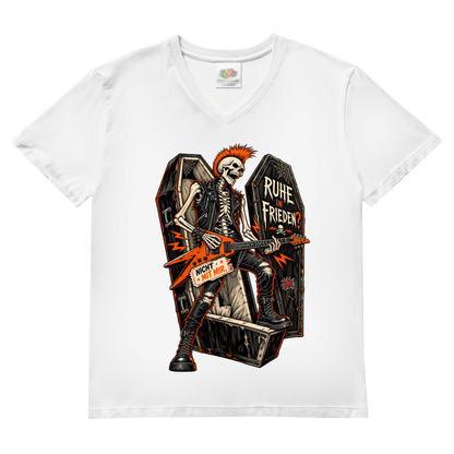 JA Totenrocker – Herren-V-Neck-Shirt in Weiß, Vorderansicht, Frontdruck: Punk-Skelett mit E-Gitarre am Sarg: „Ruhe in Frieden? Nicht mit mir.“